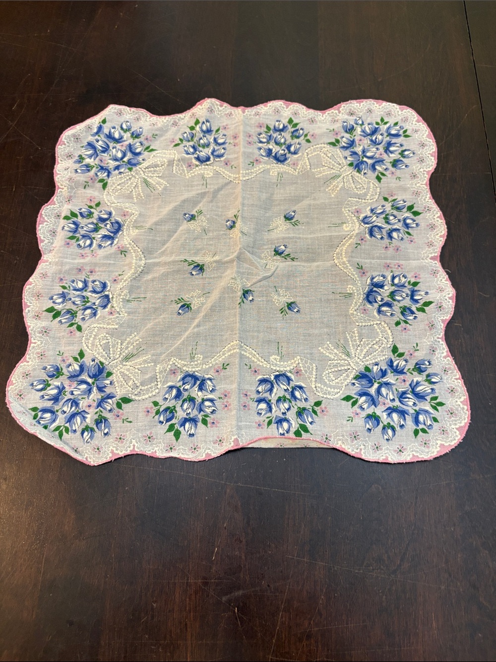 Vintage Floral Blue Linen Handkerchief